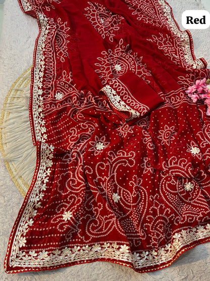 Red Color Georgette Bandej Print Saree with Unstitched Blouse