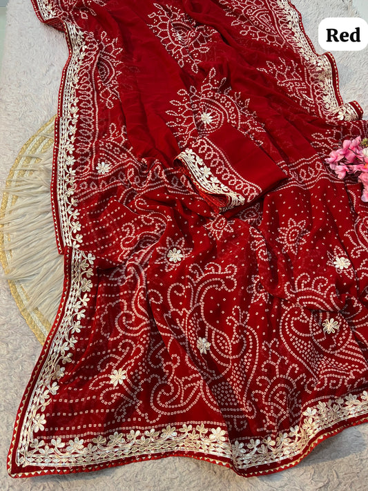 Red Color Georgette Bandej Print Saree with Unstitched Blouse