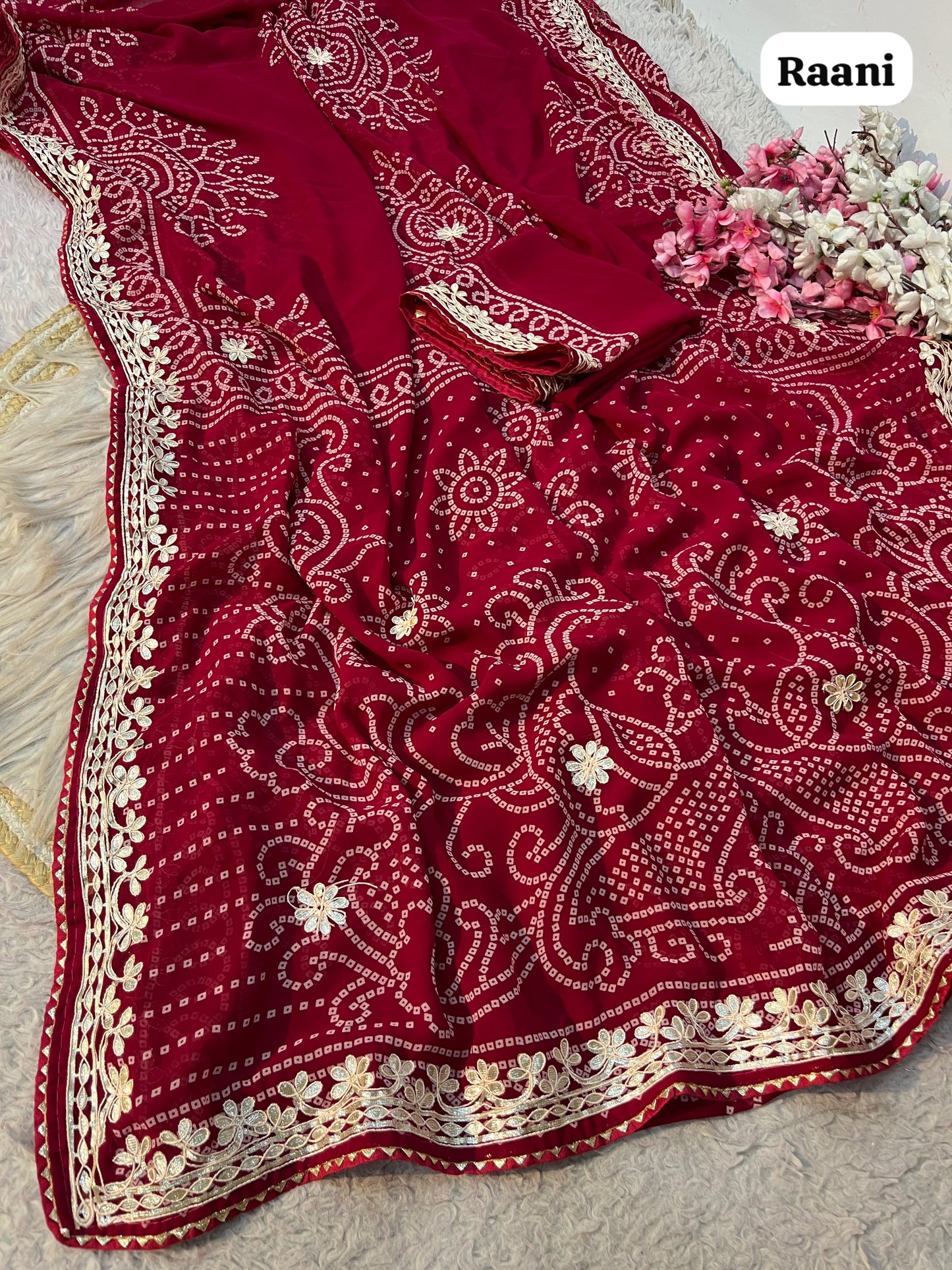 Rani Pink Color Georgette Bandej Print Saree with Unstitched Blouse