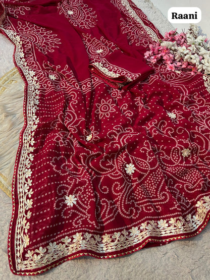 Rani Pink Color Georgette Bandej Print Saree with Unstitched Blouse