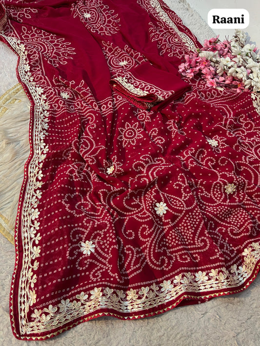 Rani Pink Color Georgette Bandej Print Saree with Unstitched Blouse