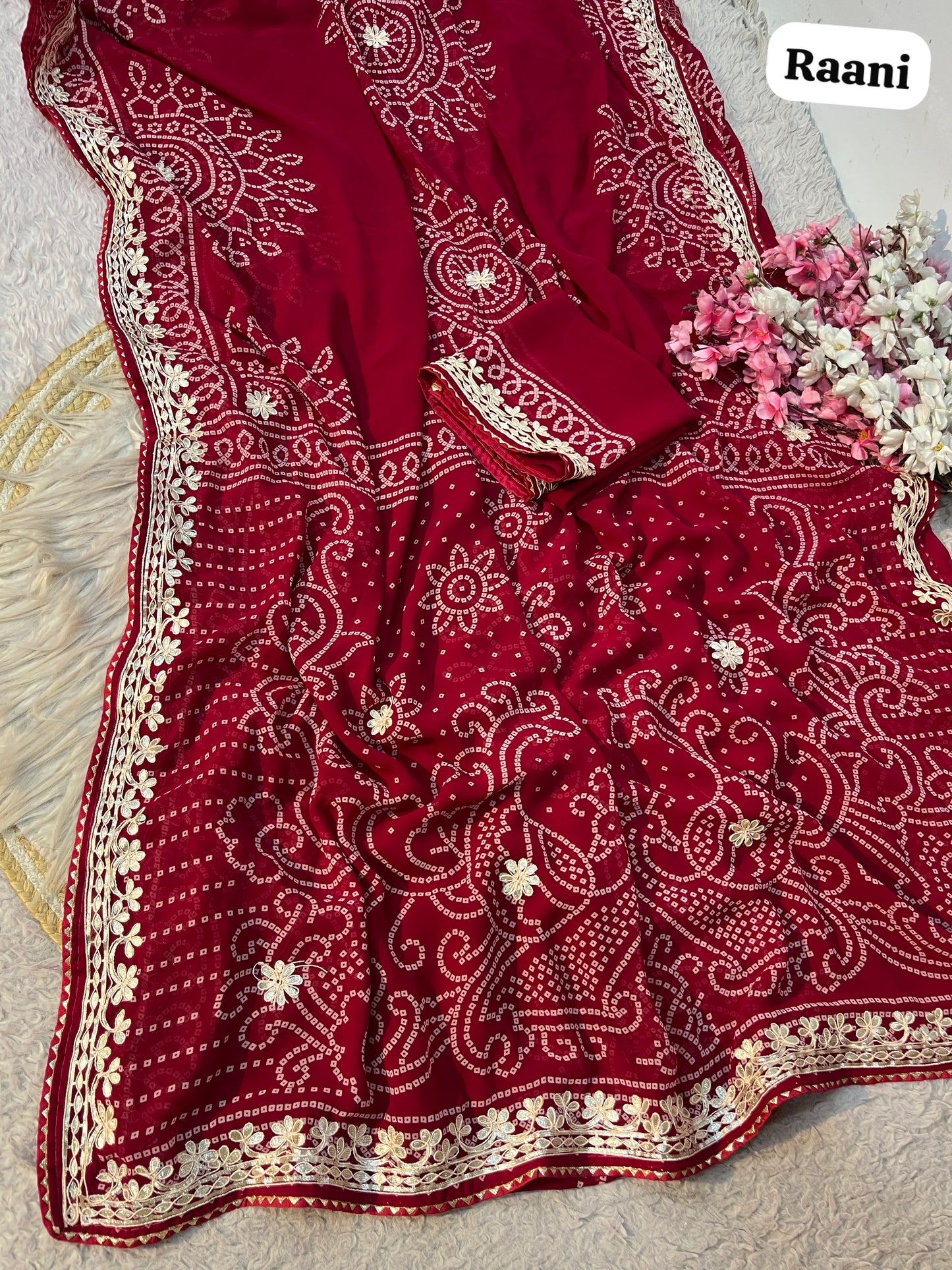 Rani Pink Color Georgette Bandej Print Saree with Unstitched Blouse