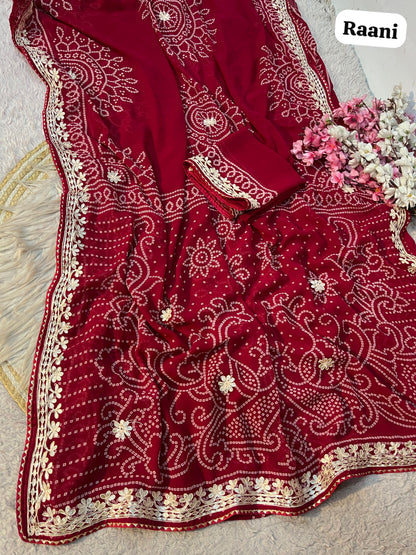 Rani Pink Color Georgette Bandej Print Saree with Unstitched Blouse