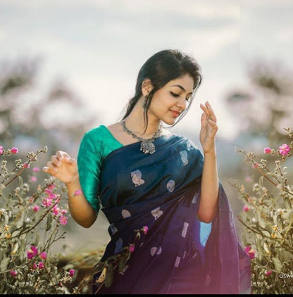 Navy Blue color Silk Zari Woven Saree with Unstitched Blouse