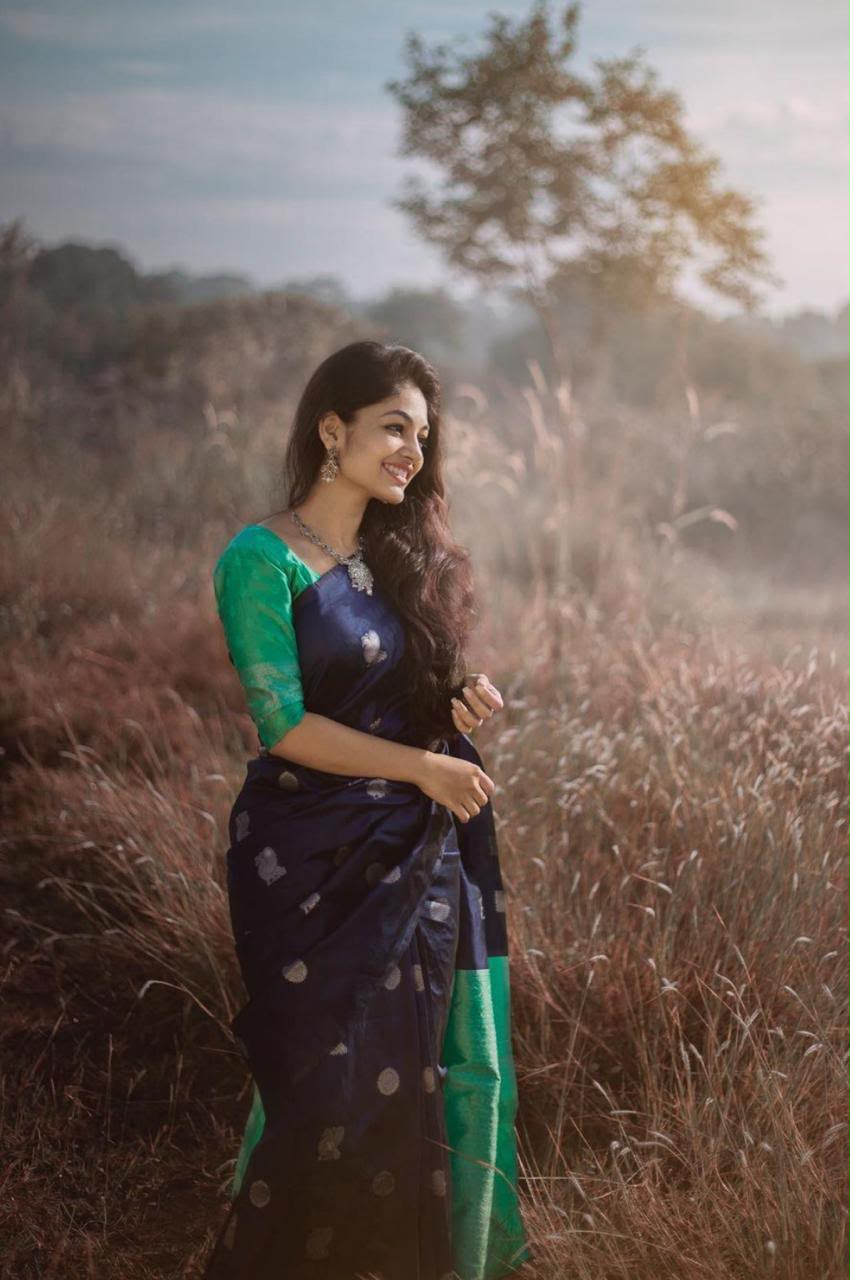 Navy Blue color Silk Zari Woven Saree with Unstitched Blouse