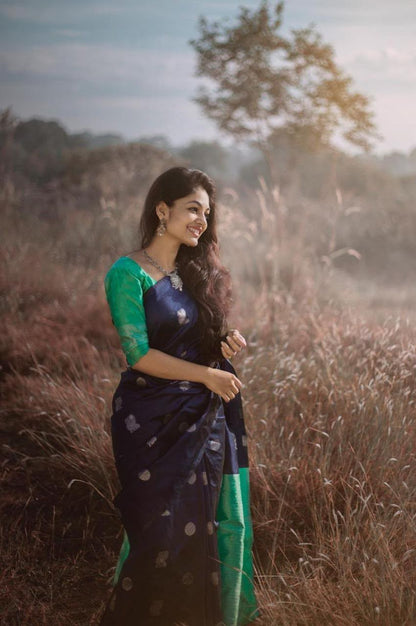 Navy Blue color Silk Zari Woven Saree with Unstitched Blouse