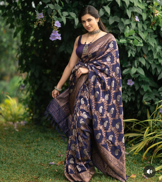 Navy Blue Soft Lichi silk Saree with Unstitched Blouse