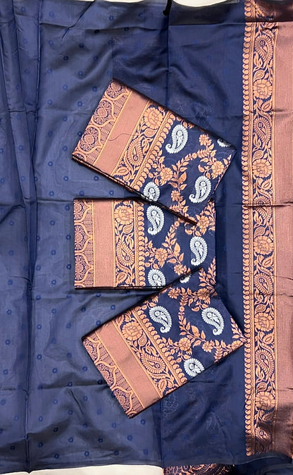 Navy Blue Soft Lichi silk Saree with Unstitched Blouse