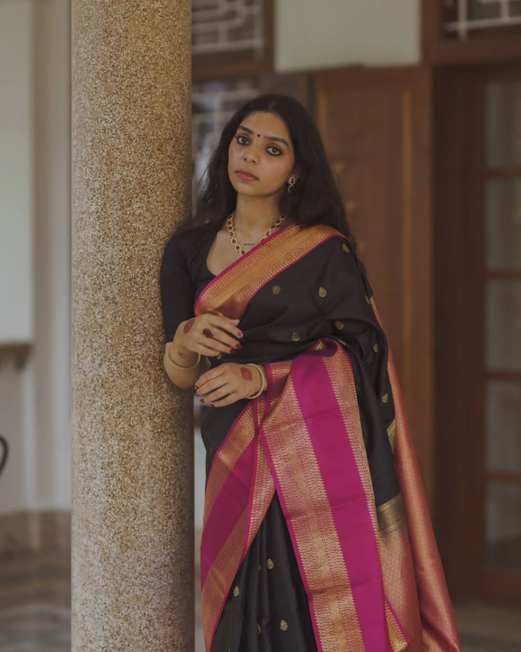Black color Lichi silk Saree with Unstitched Blouse