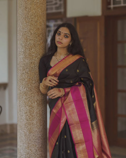Black color Lichi silk Saree with Unstitched Blouse