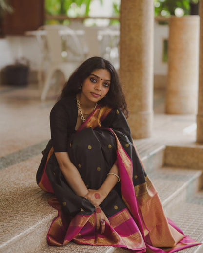 Black color Lichi silk Saree with Unstitched Blouse