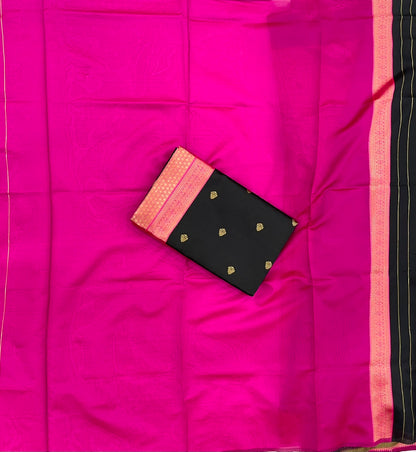 Black color Lichi silk Saree with Unstitched Blouse