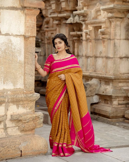 Mustard Yellow color Lichi silk Saree with Unstitched Blouse