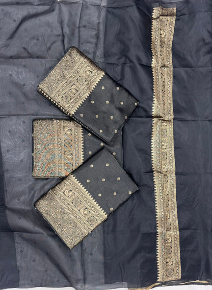 Black color Lichi silk Saree with Unstitched Blouse