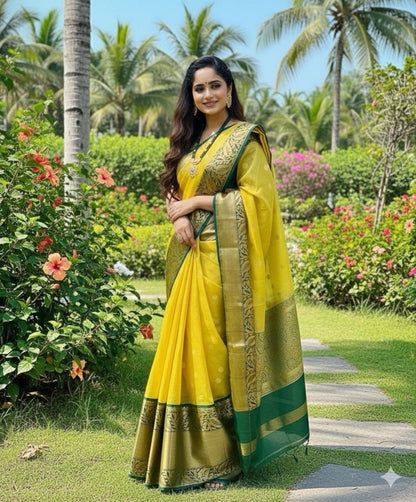 Yellow color Lichi silk Saree with Unstitched Blouse