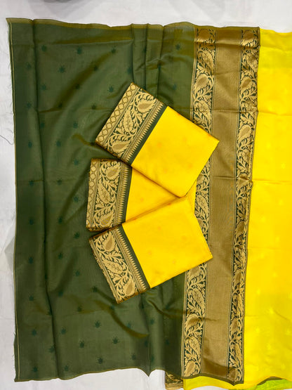 Yellow color Lichi silk Saree with Unstitched Blouse
