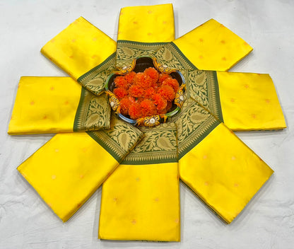 Yellow color Lichi silk Saree with Unstitched Blouse