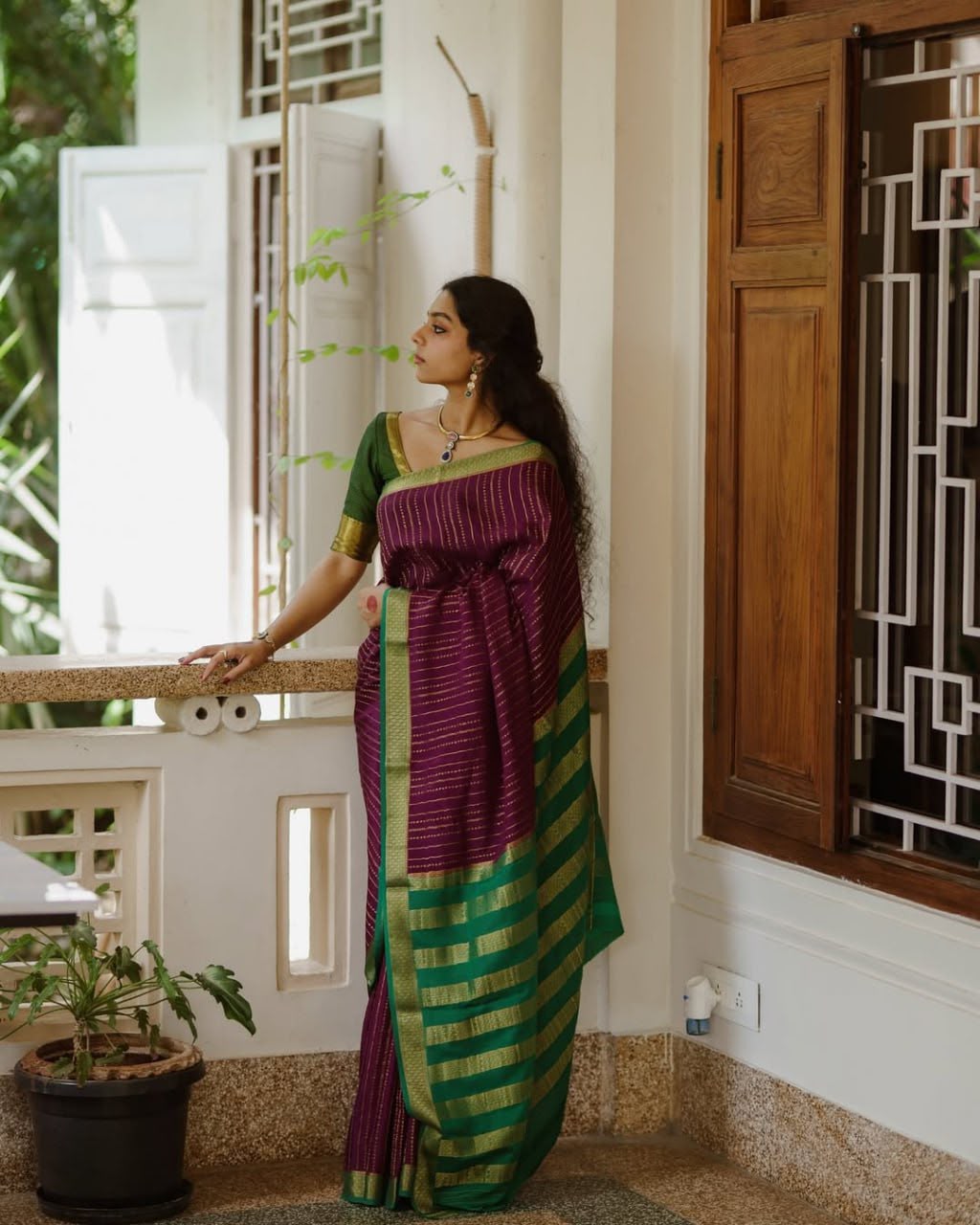 Wine color Lichi silk Saree with Unstitched Blouse