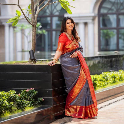 Navy Blue color Lichi silk Saree with Unstitched Blouse