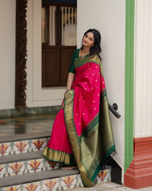 Rani Pink color Lichi silk Saree with Unstitched Blouse