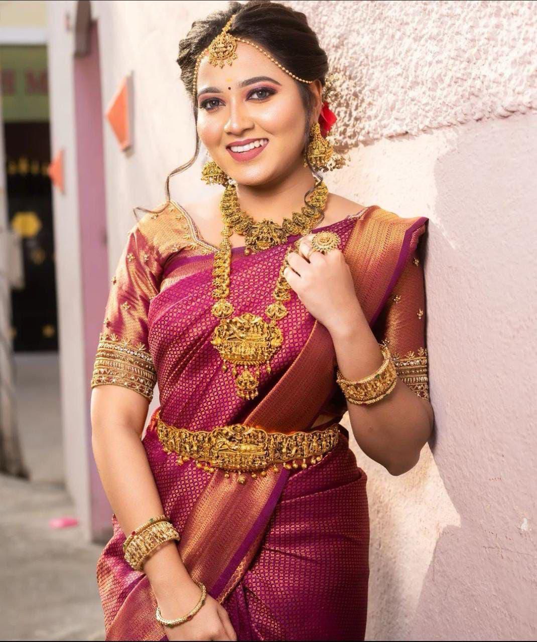 Rani Pink Lichi silk Saree with Unstitched Blouse