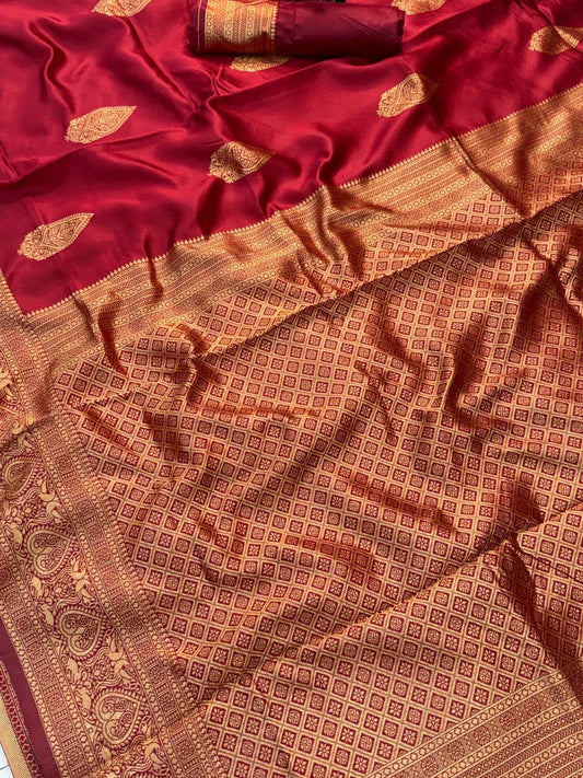 Maroon color Lichi Silk Traditional Saree with Unstitched Blouse