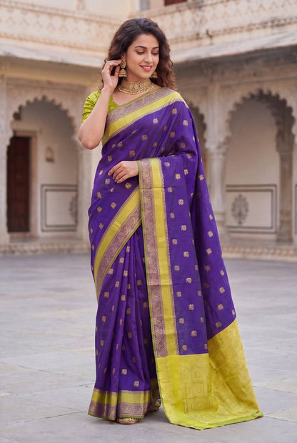 Blue color Lichi Silk Traditional Saree with Unstitched Blouse