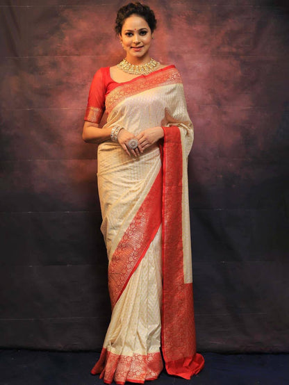 Off White color Lichi Silk Traditional Saree with Unstitched Blouse