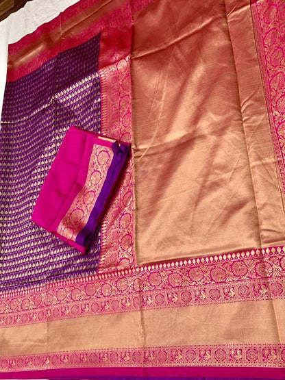 Purple color Lichi Silk Traditional Saree with Unstitched Blouse
