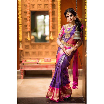 Purple color Lichi Silk Traditional Saree with Unstitched Blouse