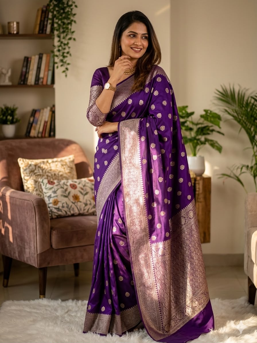 Purple color Lichi Silk Traditional Saree with Unstitched Blouse