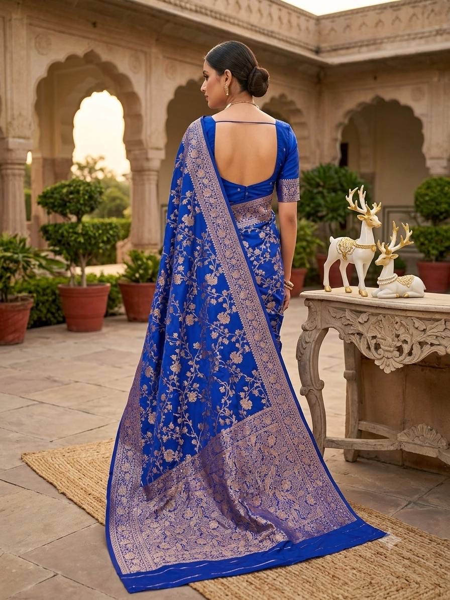 Royal Blue Gold Zari weaving Kanijivaram Saree with Unstitched Blouse