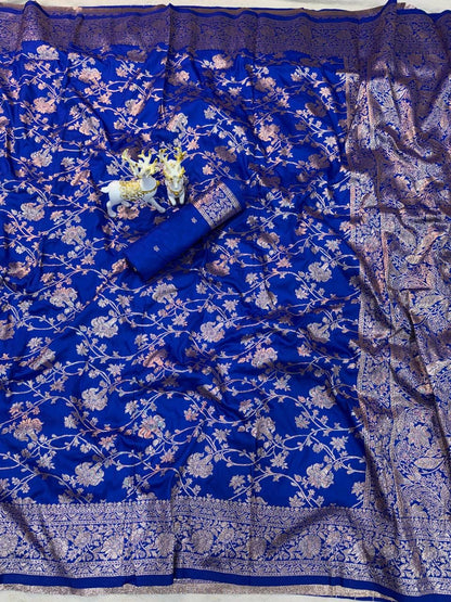 Royal Blue Gold Zari weaving Kanijivaram Saree with Unstitched Blouse
