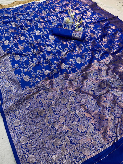 Royal Blue Gold Zari weaving Kanijivaram Saree with Unstitched Blouse