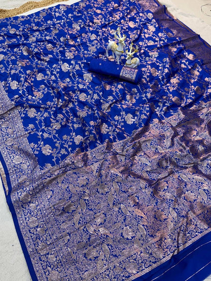 Royal Blue Gold Zari weaving Kanijivaram Saree with Unstitched Blouse