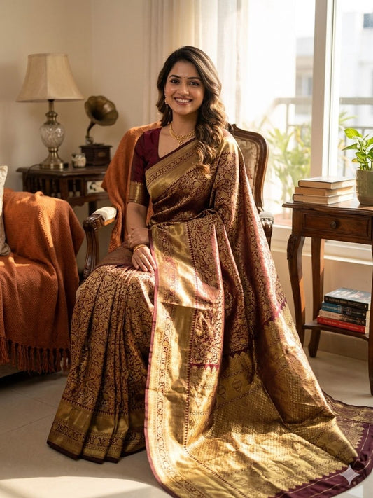 Maroon color Lichi Silk Traditional Saree with Unstitched Blouse