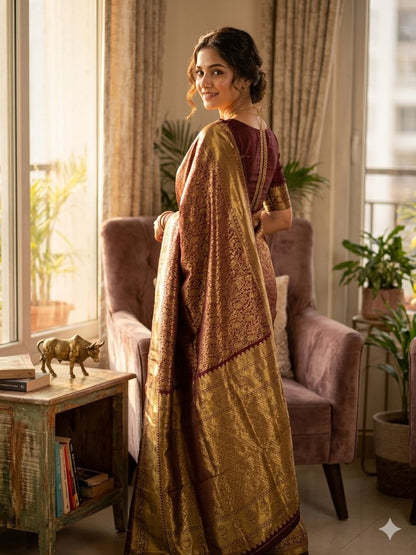 Maroon color Lichi Silk Traditional Saree with Unstitched Blouse