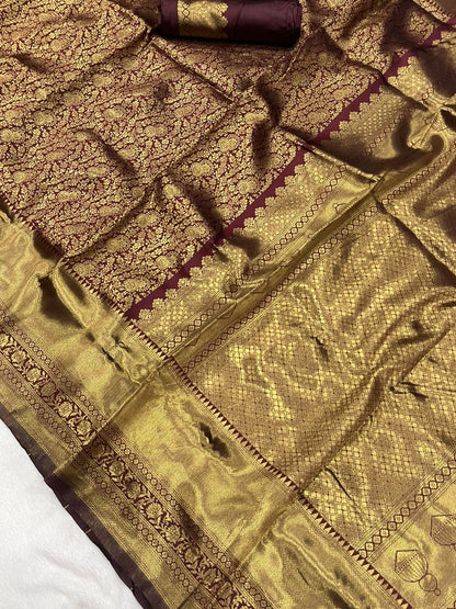 Maroon color Lichi Silk Traditional Saree with Unstitched Blouse