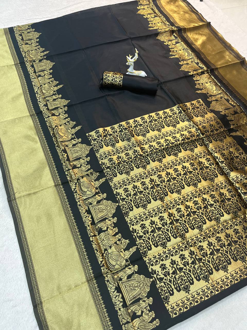 Black color Lichi Silk Traditional Saree with Unstitched Blouse