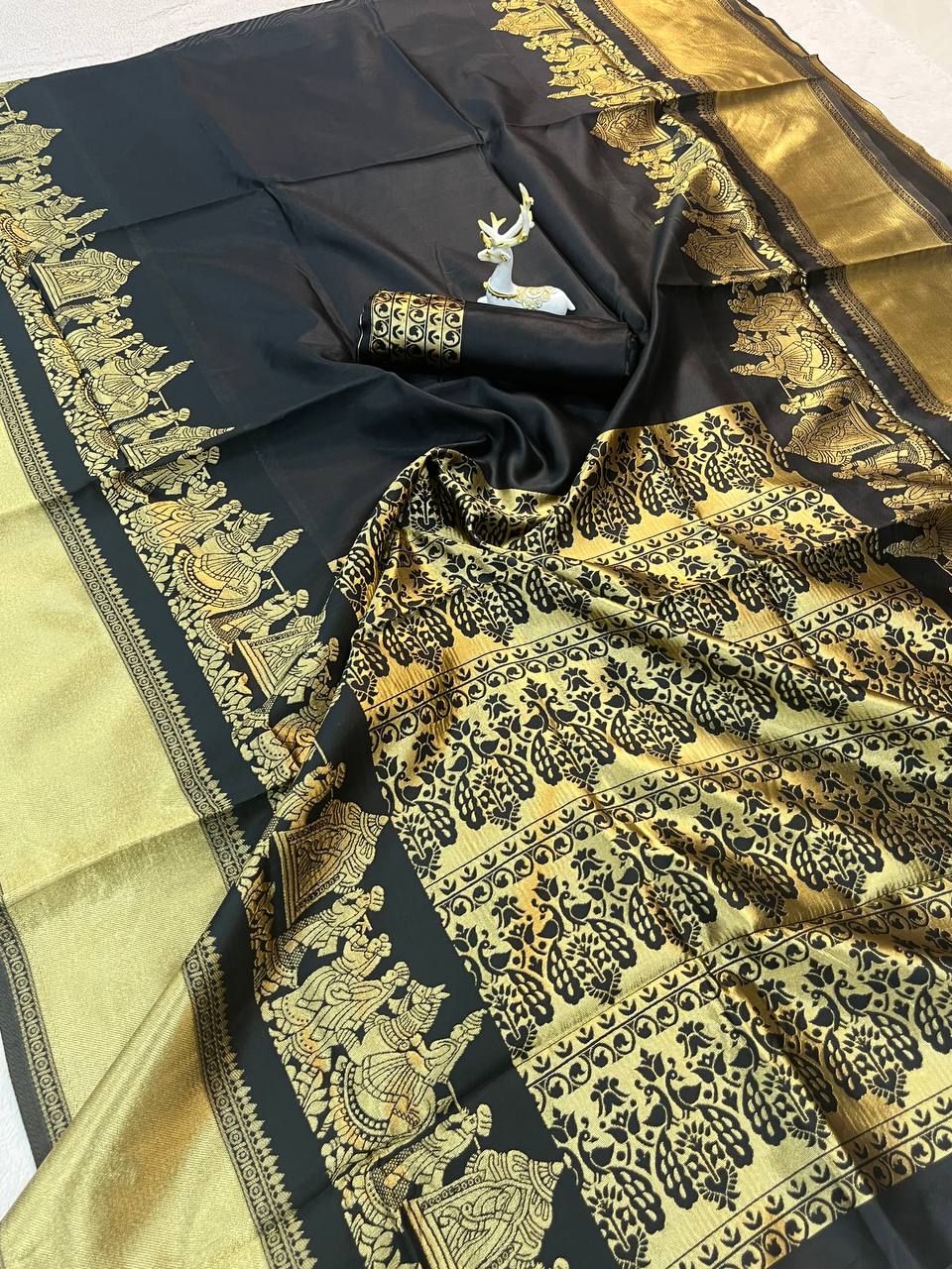 Black color Lichi Silk Traditional Saree with Unstitched Blouse