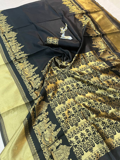 Black color Lichi Silk Traditional Saree with Unstitched Blouse