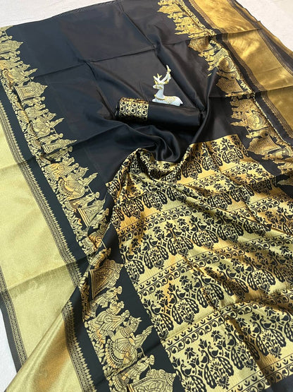 Black color Lichi Silk Traditional Saree with Unstitched Blouse