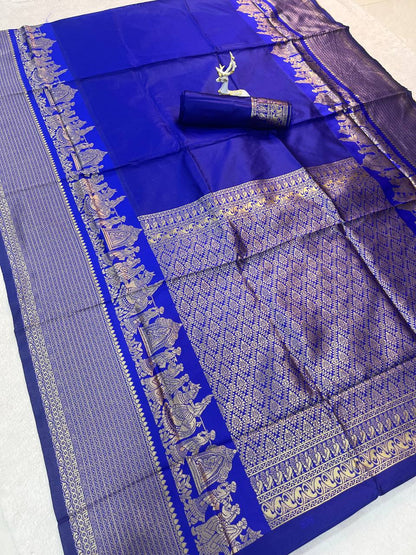 Royal Blue color Lichi Silk Traditional Saree with Unstitched Blouse