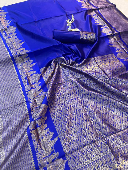 Royal Blue color Lichi Silk Traditional Saree with Unstitched Blouse