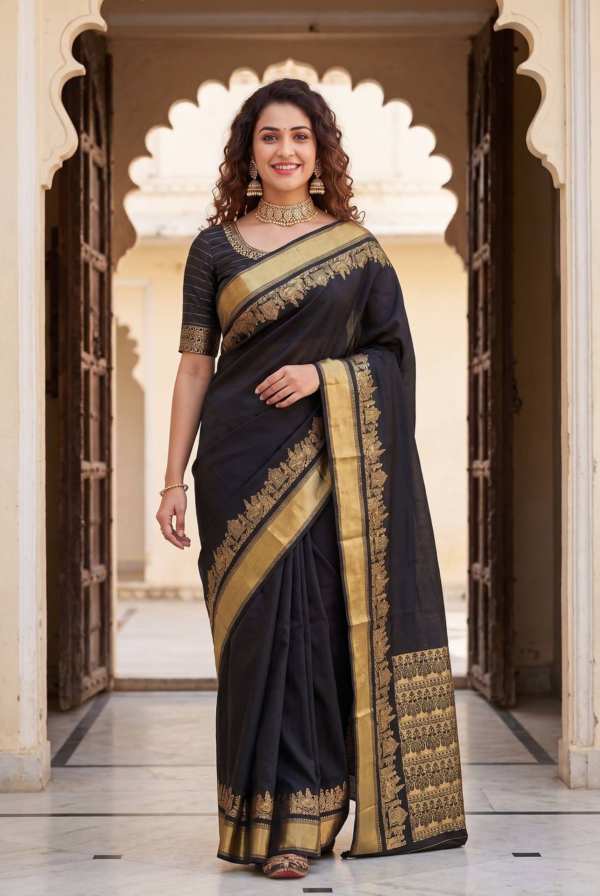 Black color Lichi Silk Traditional Saree with Unstitched Blouse