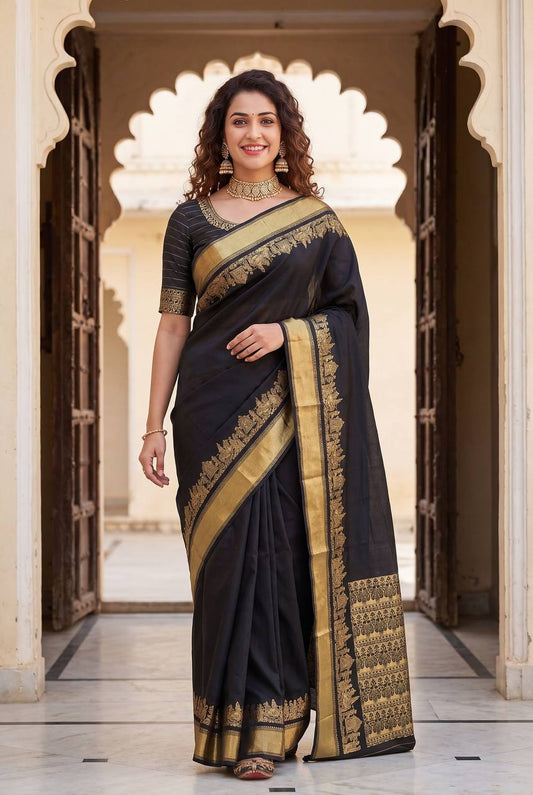 Black color Lichi Silk Traditional Saree with Unstitched Blouse