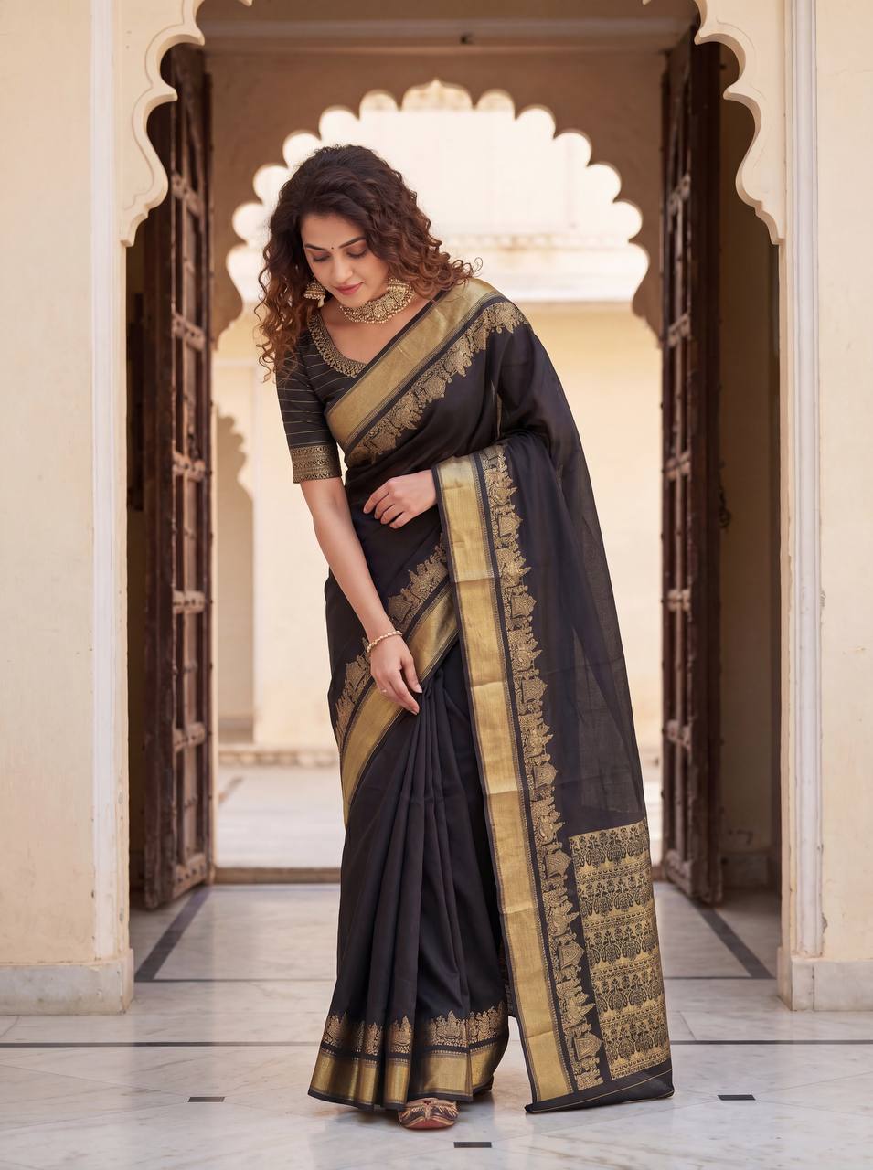 Black color Lichi Silk Traditional Saree with Unstitched Blouse