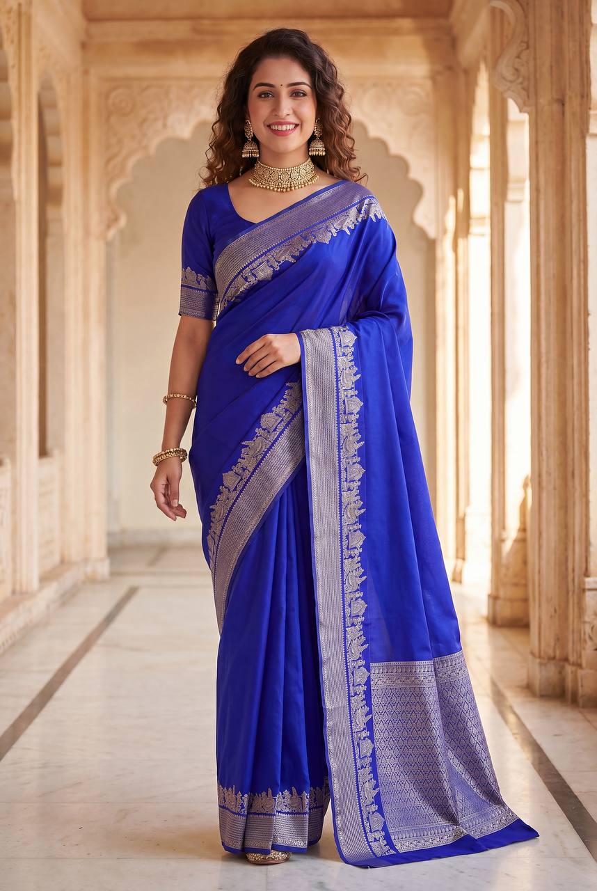 Royal Blue color Lichi Silk Traditional Saree with Unstitched Blouse