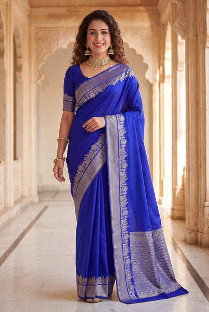 Royal Blue color Lichi Silk Traditional Saree with Unstitched Blouse