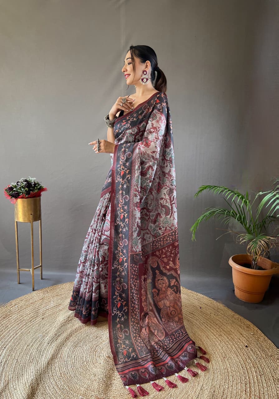 Kalamkari Print Saree with Unstitched Blouse